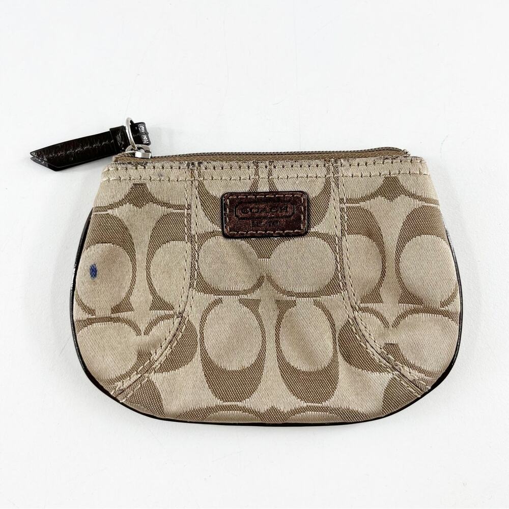 Coach Signature C Logo Canvas Coin Change Purse Tan Brown